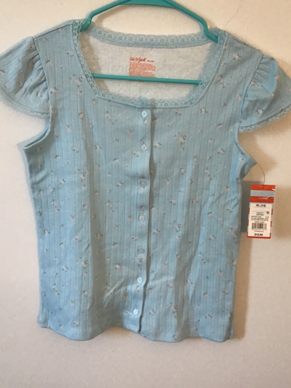 Cat & Jack Girls Short Sleeve Blue & White Floral Shirt XL